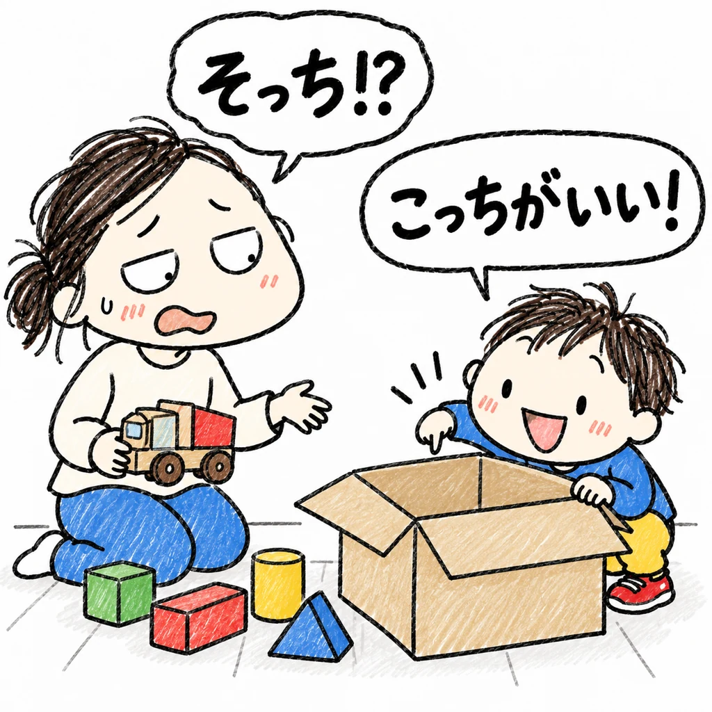 木のおもちゃを持つママが「そっち!?」と驚き、子どもが空き箱を選ぶ落書き風イラスト