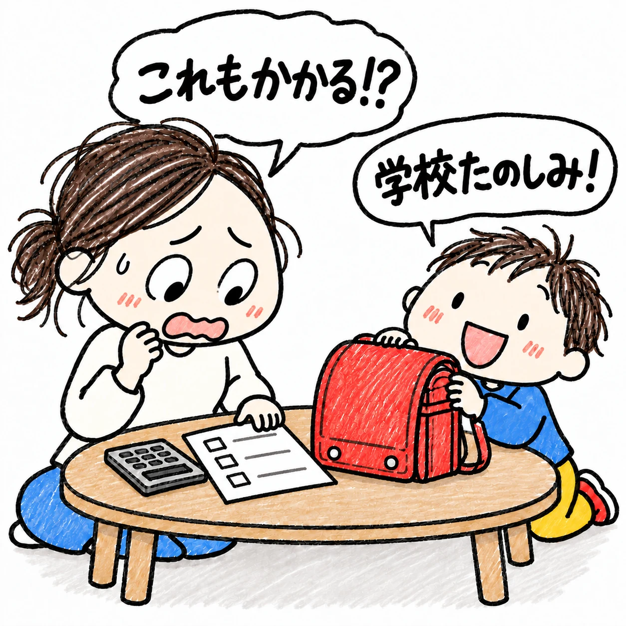 学校に必要な出費の案内を机の上で確認して驚く母親とランドセルを抱える子ども