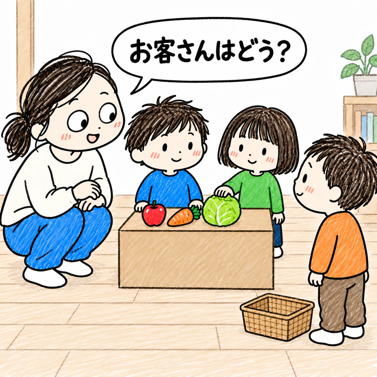 お客さん役を提案し、店員と品物を並べる子と客の三人で遊べる形を考える