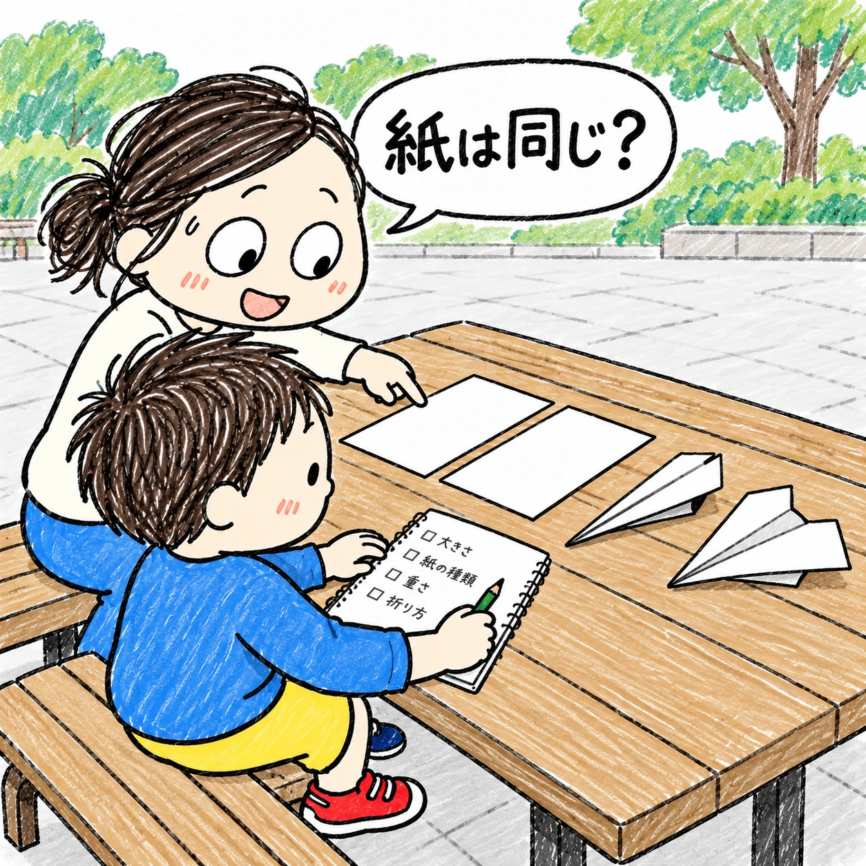 紙飛行機に使った紙の大きさなどを比べてメモする親子