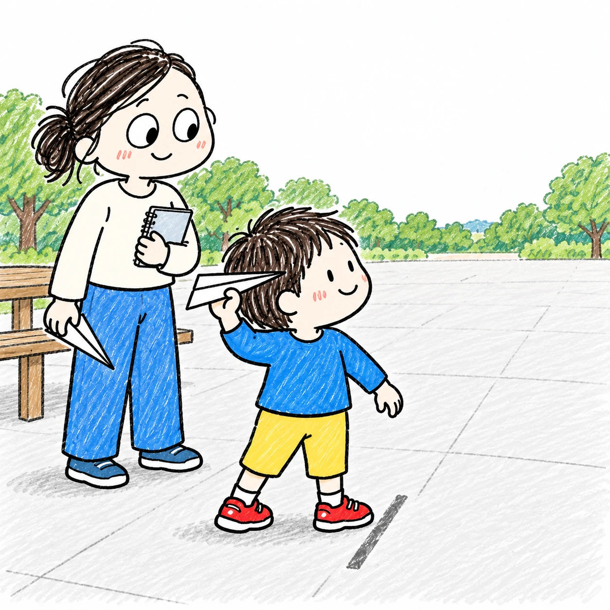 同じ開始線から無人の方向へ紙飛行機を投げ直す子と記録を持つ母親