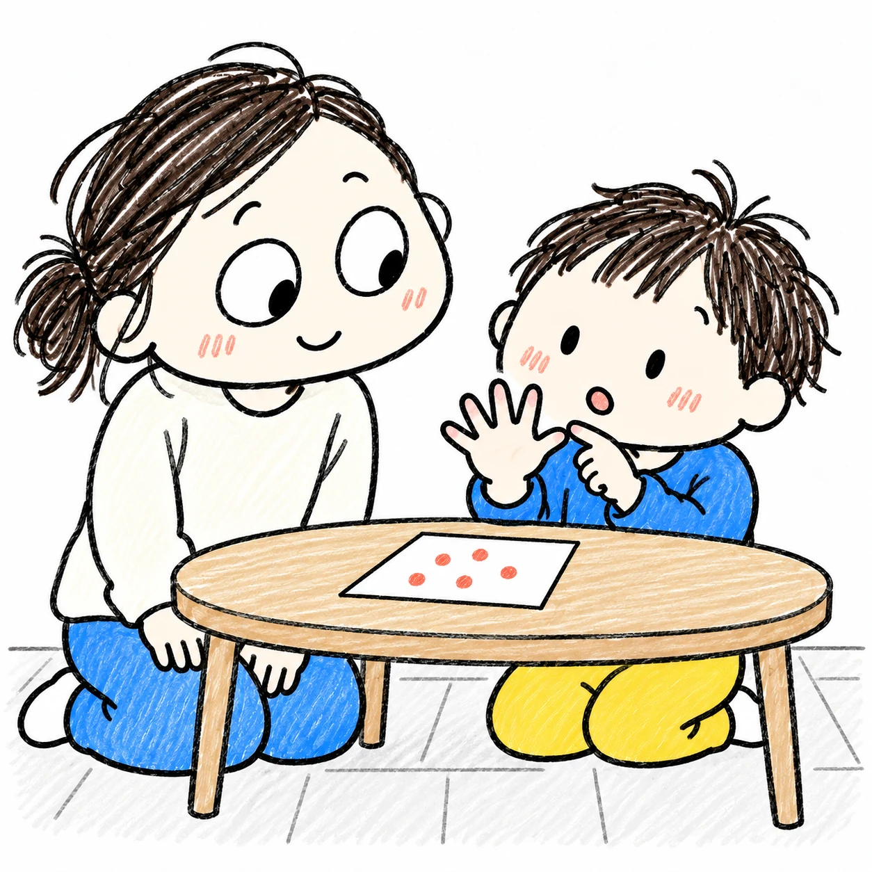 五本の指を広げて一本ずつ確認する子と見守る親