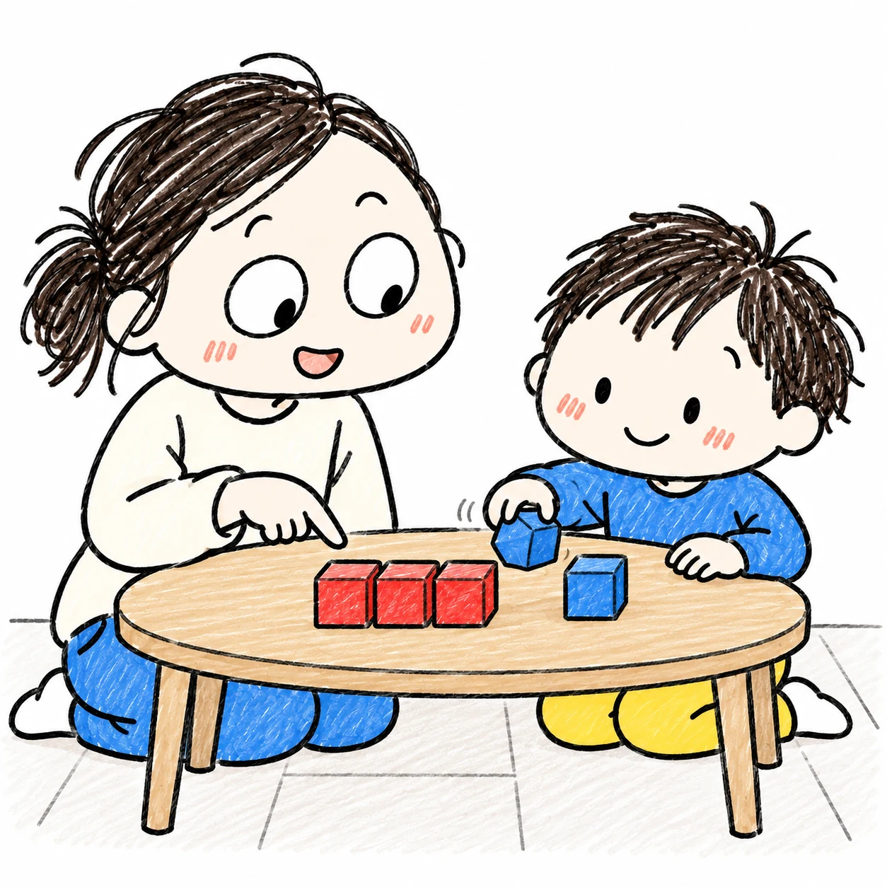 赤い積み木三個と青い積み木二個で足し算を考える親子