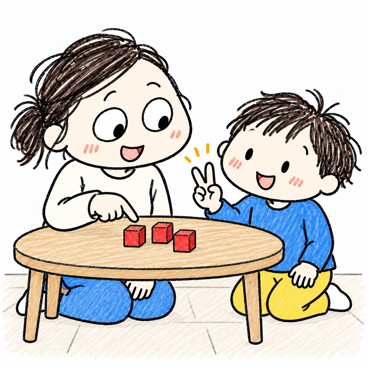 三個の積み木をもとに、指二本を使って続きを数える子