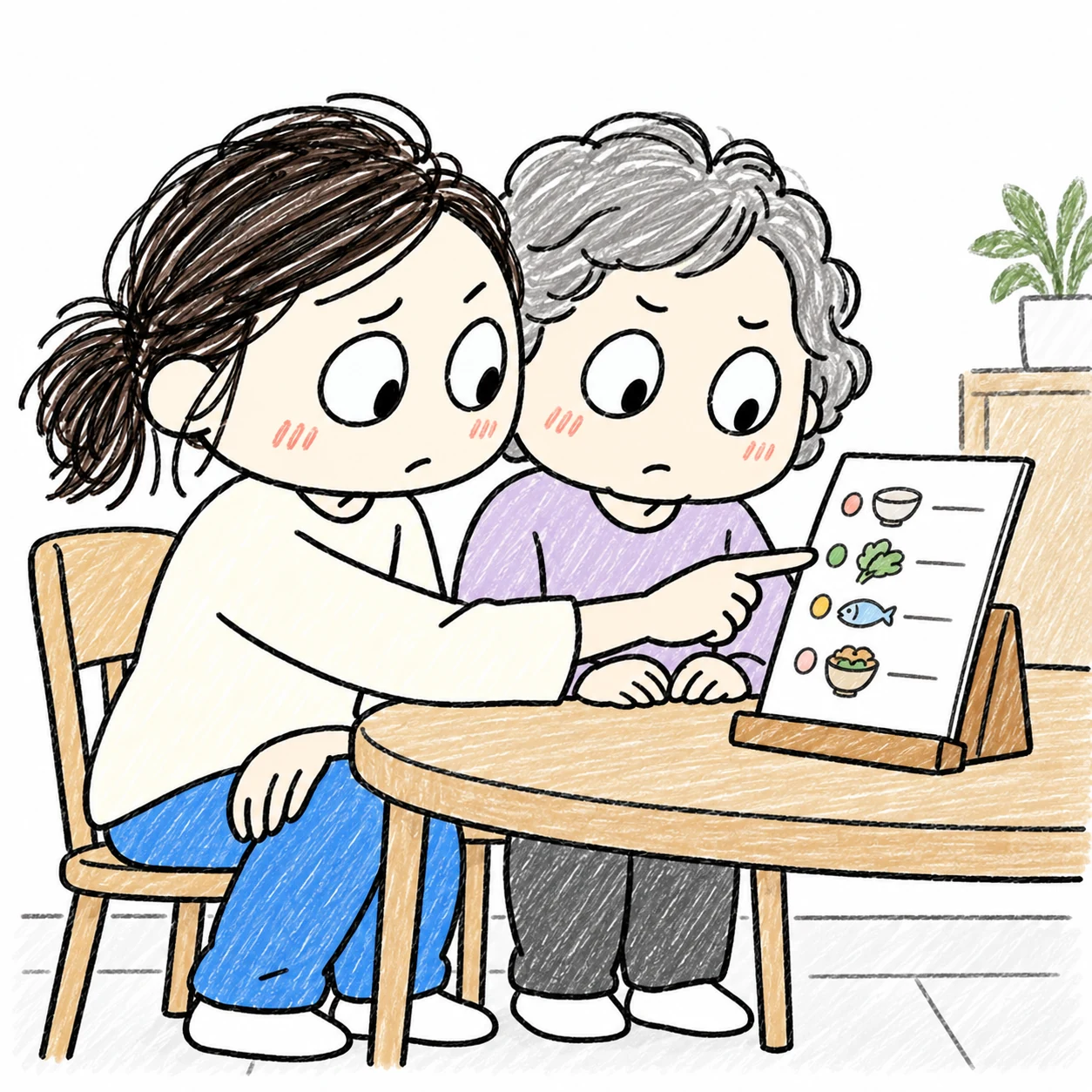 必要な情報の紙を母と祖母が一緒に見るところ