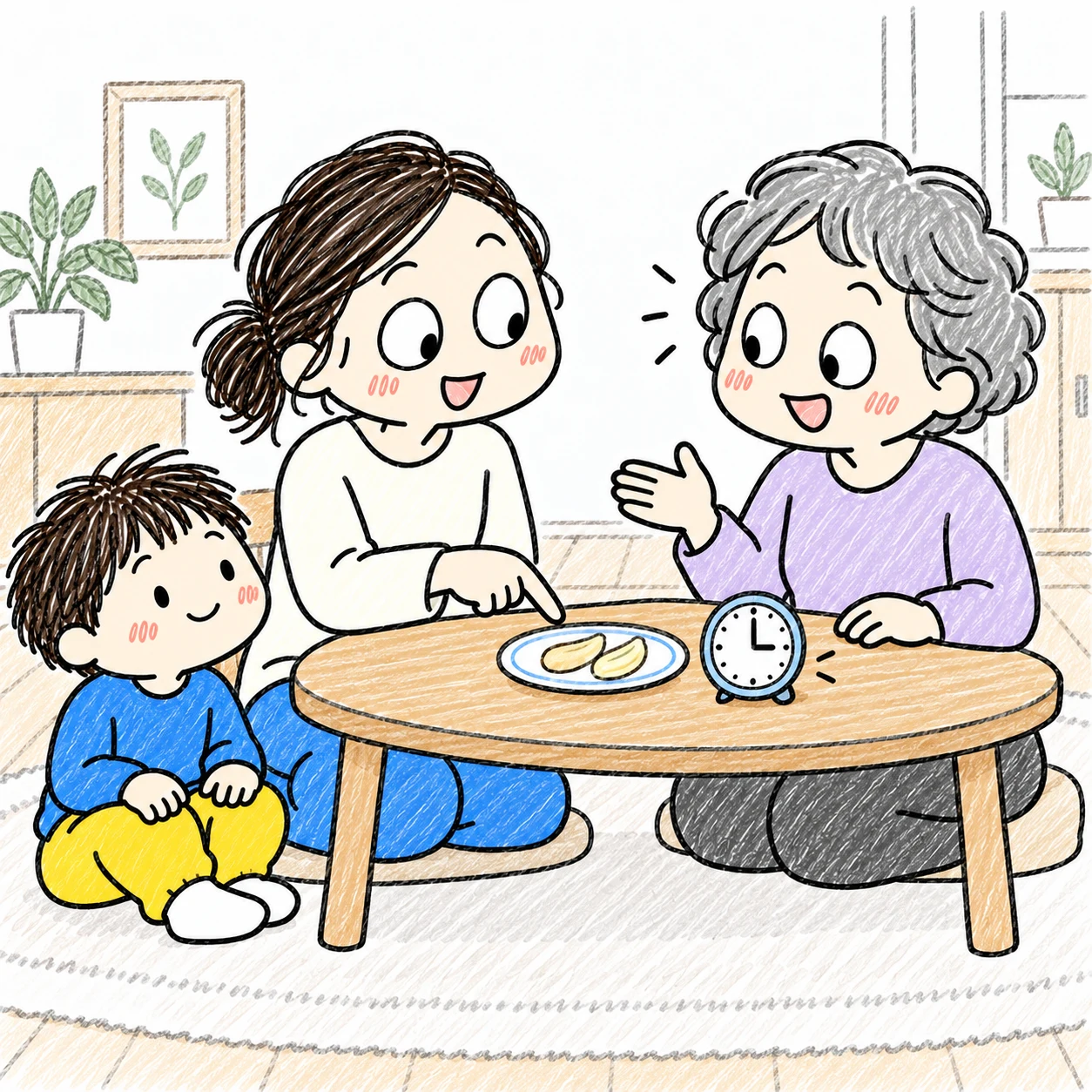 おやつの小皿と時刻を示してお願いを具体化する母と祖母