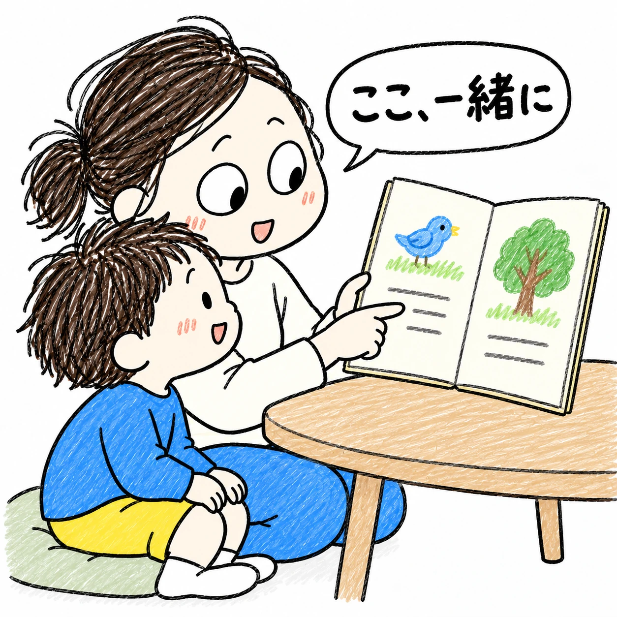 読本の一つの言葉を指し、子どもと一緒に読む母親