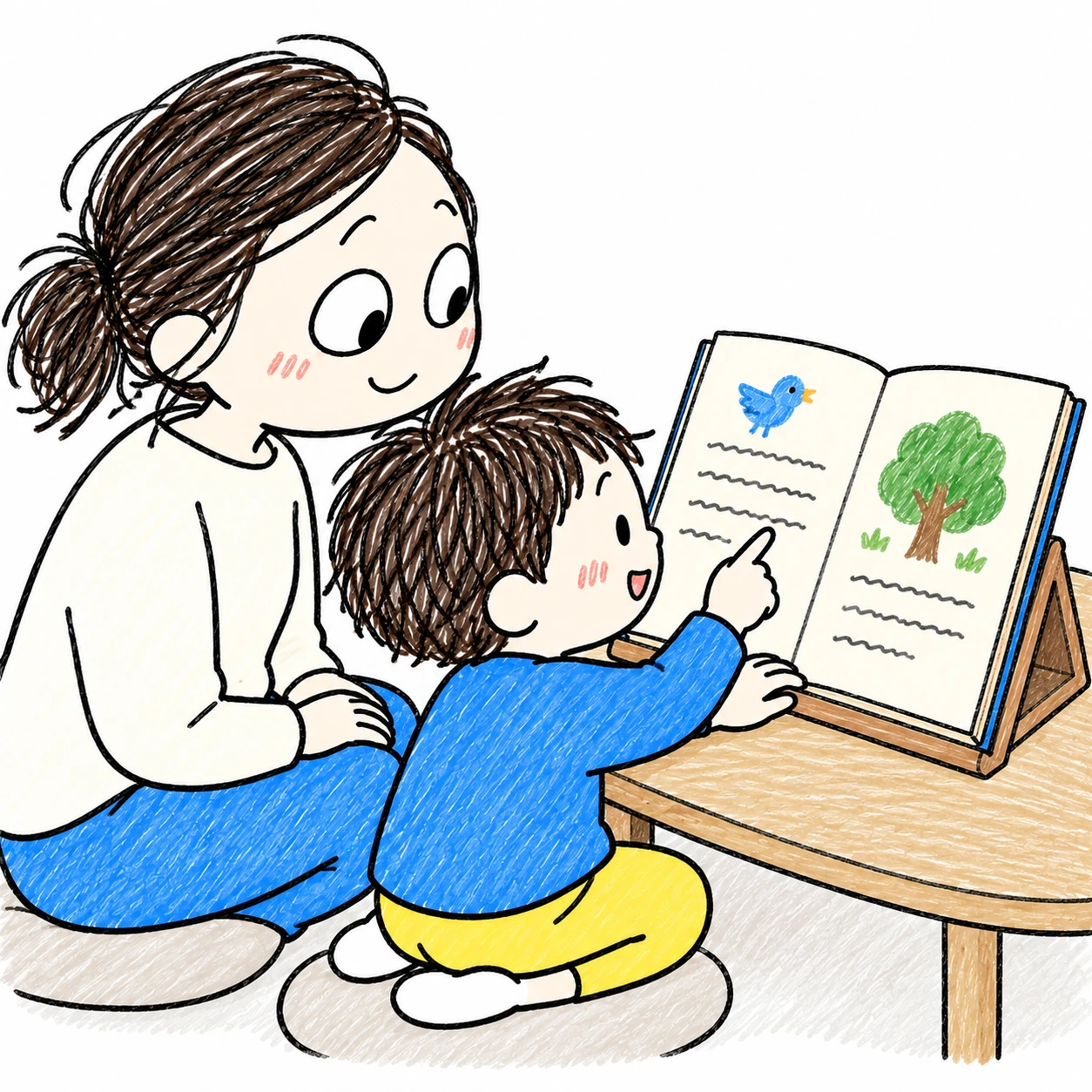 本の行の下を自分の指で追って読む子を見守る母親