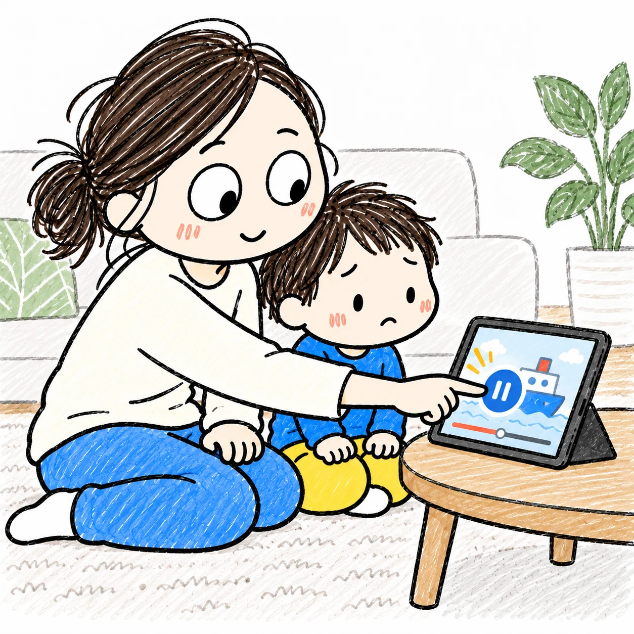 自動で始まった次の動画を一度止める母と子
