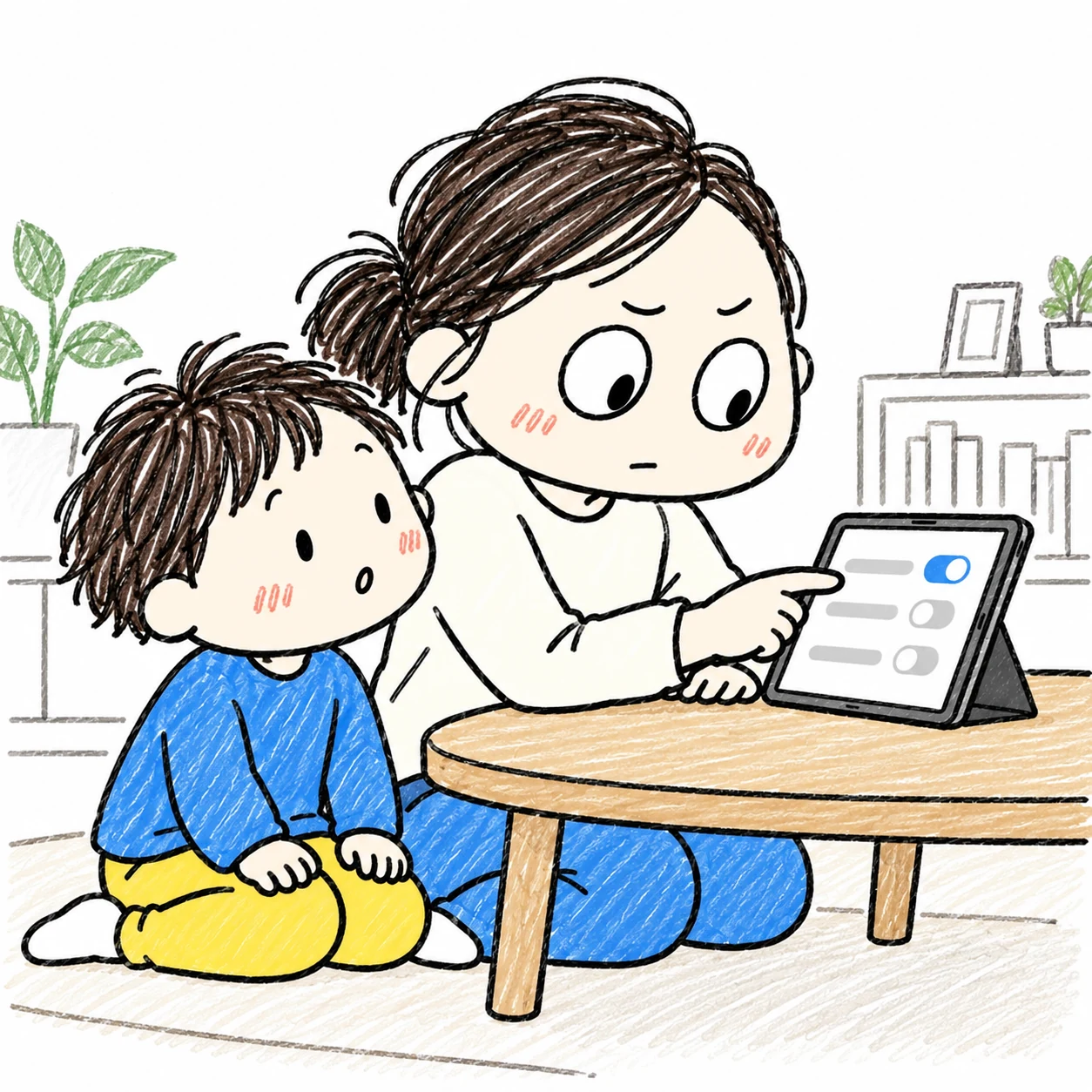 大人が動画の終わり方を端末で確かめるところ
