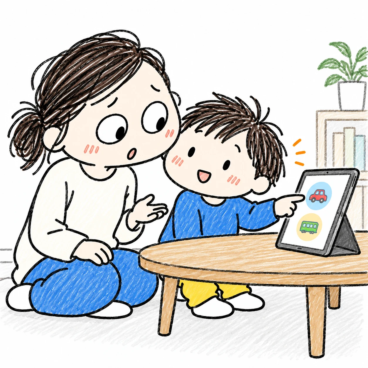 最後に見る一本を親子で相談するところ