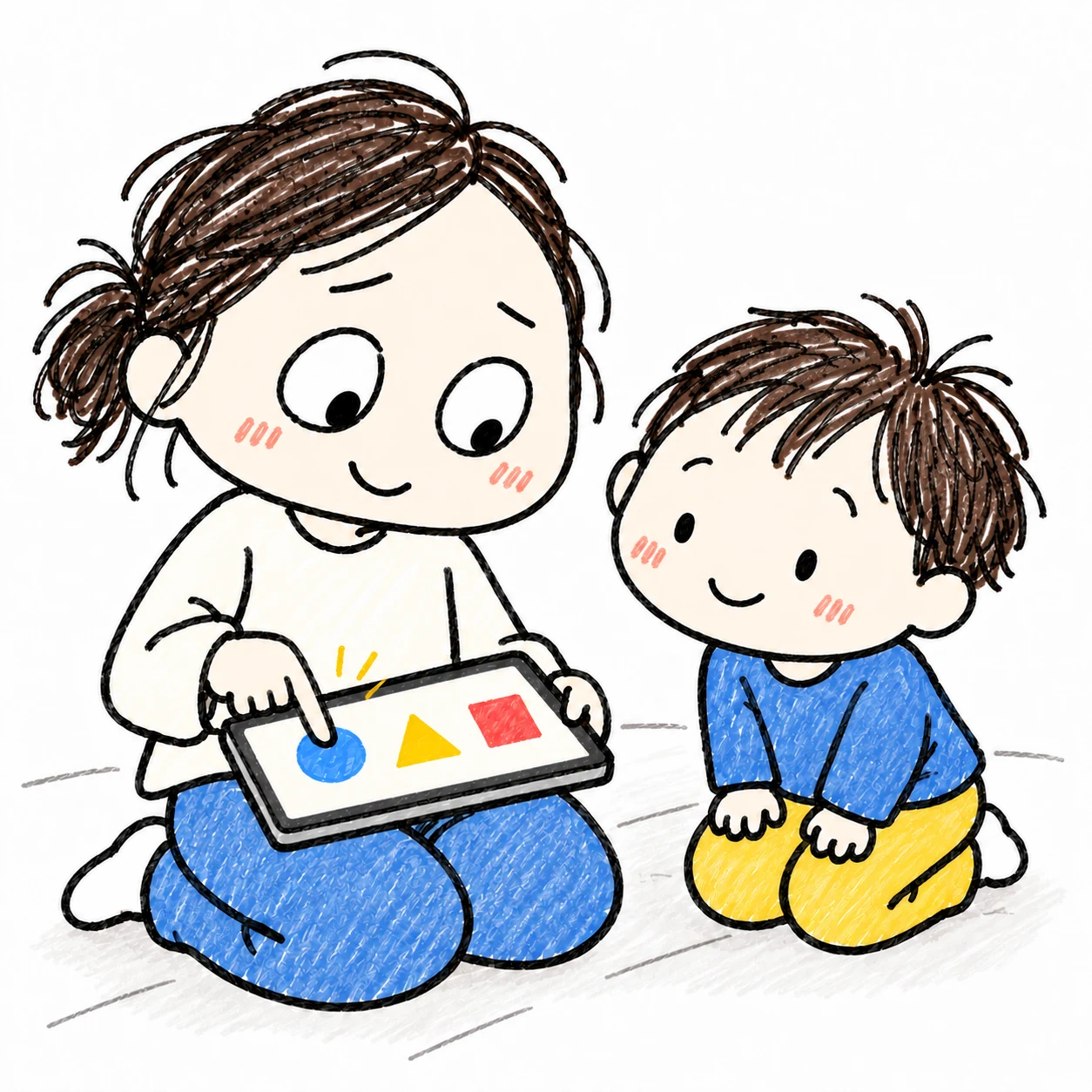 ママが知育アプリの内容と操作を先に試し、子どもがそばで見ている