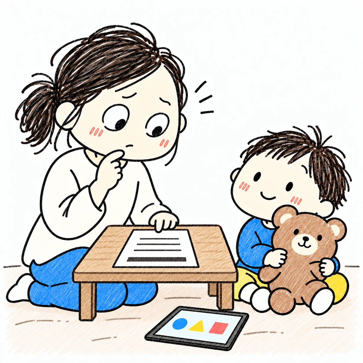 低い机に置いた案内を読み、アプリの料金や広告、個人情報の扱いを考えるお母さん