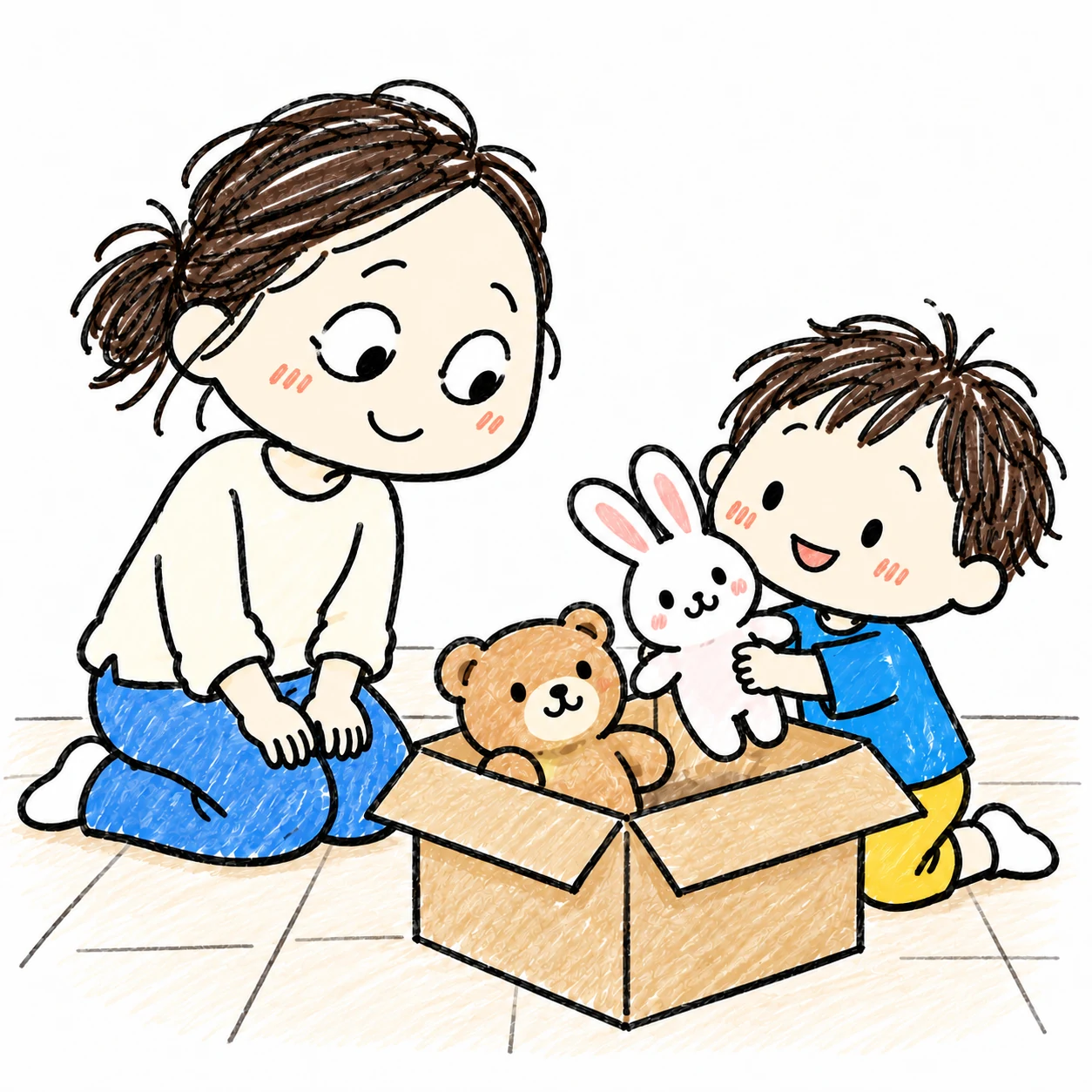 子どもが開いた箱の外から大きなぬいぐるみで遊び、ママがそばで静かに見守る