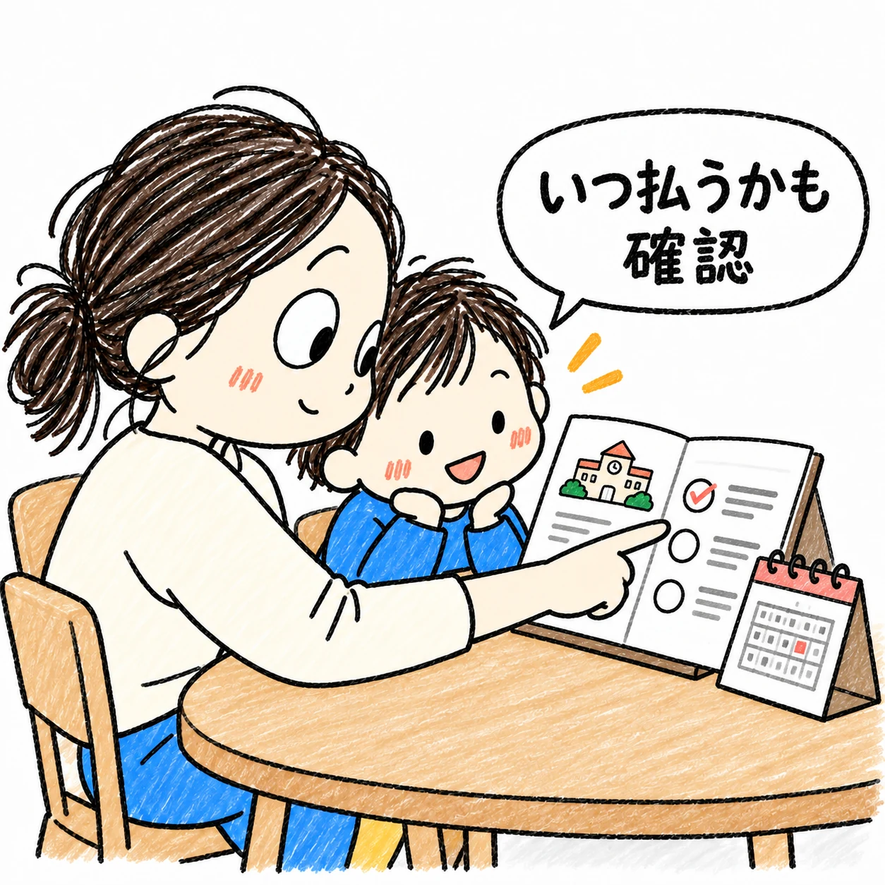 自分たちへ向いた学校の案内とカレンダーで支払い時期を確認する親子