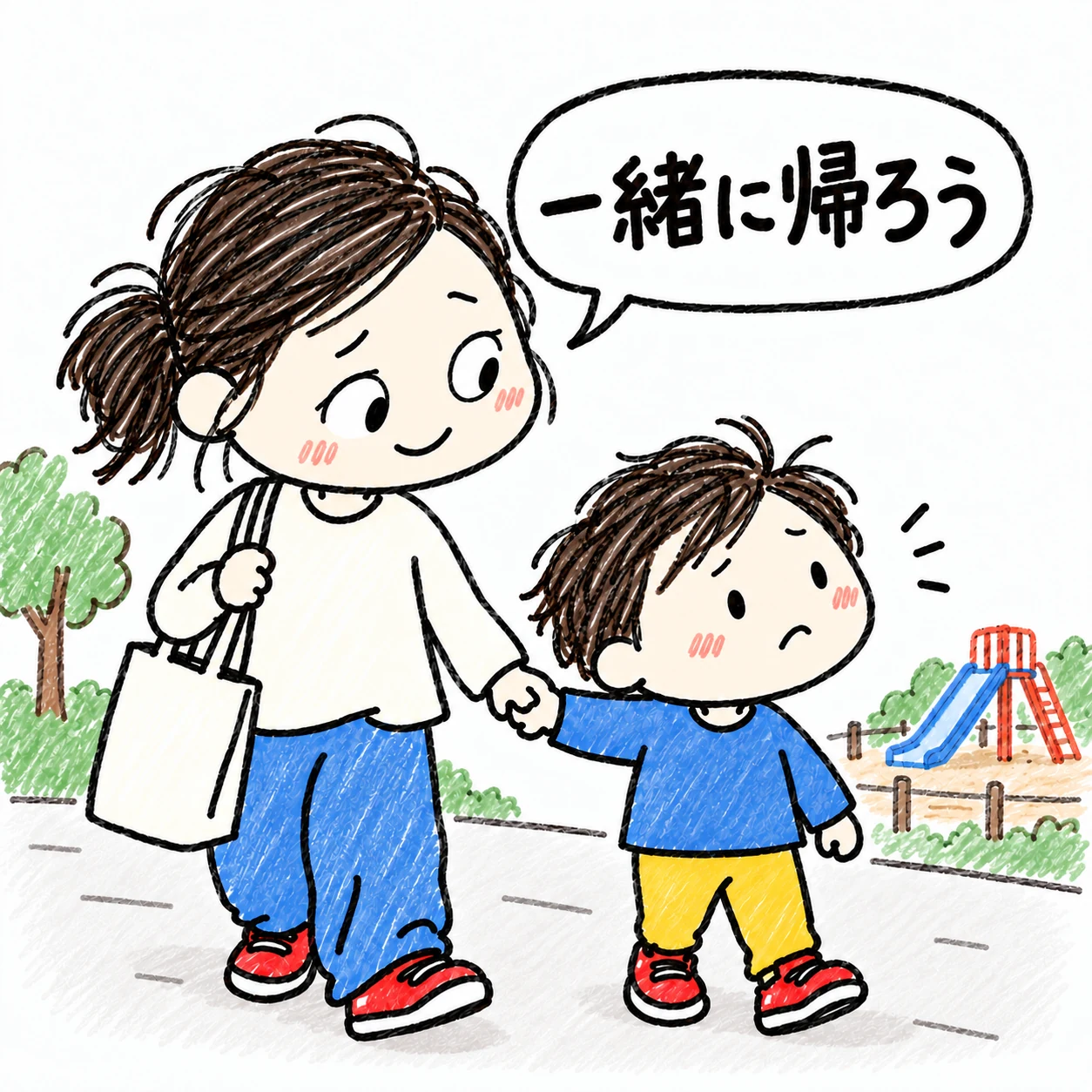遊び場を名残惜しそうに振り返る子どもと母親が手をつなぎ「一緒に帰ろう」と歩く手描きイラスト
