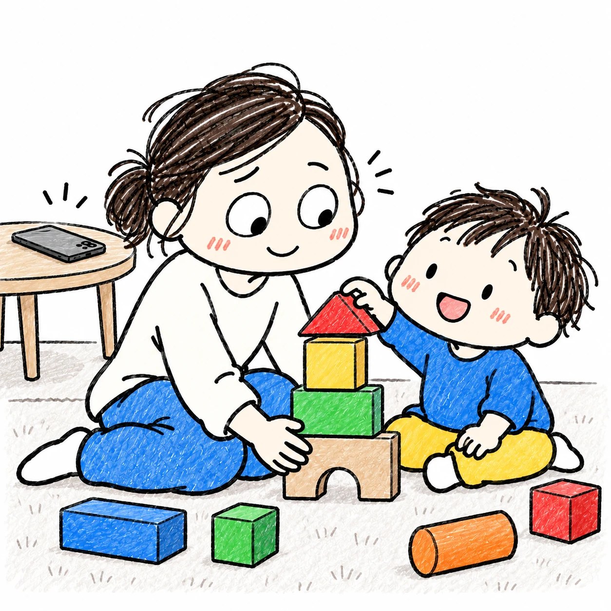 スマホを置いて親子で大きな積み木を楽しむところ