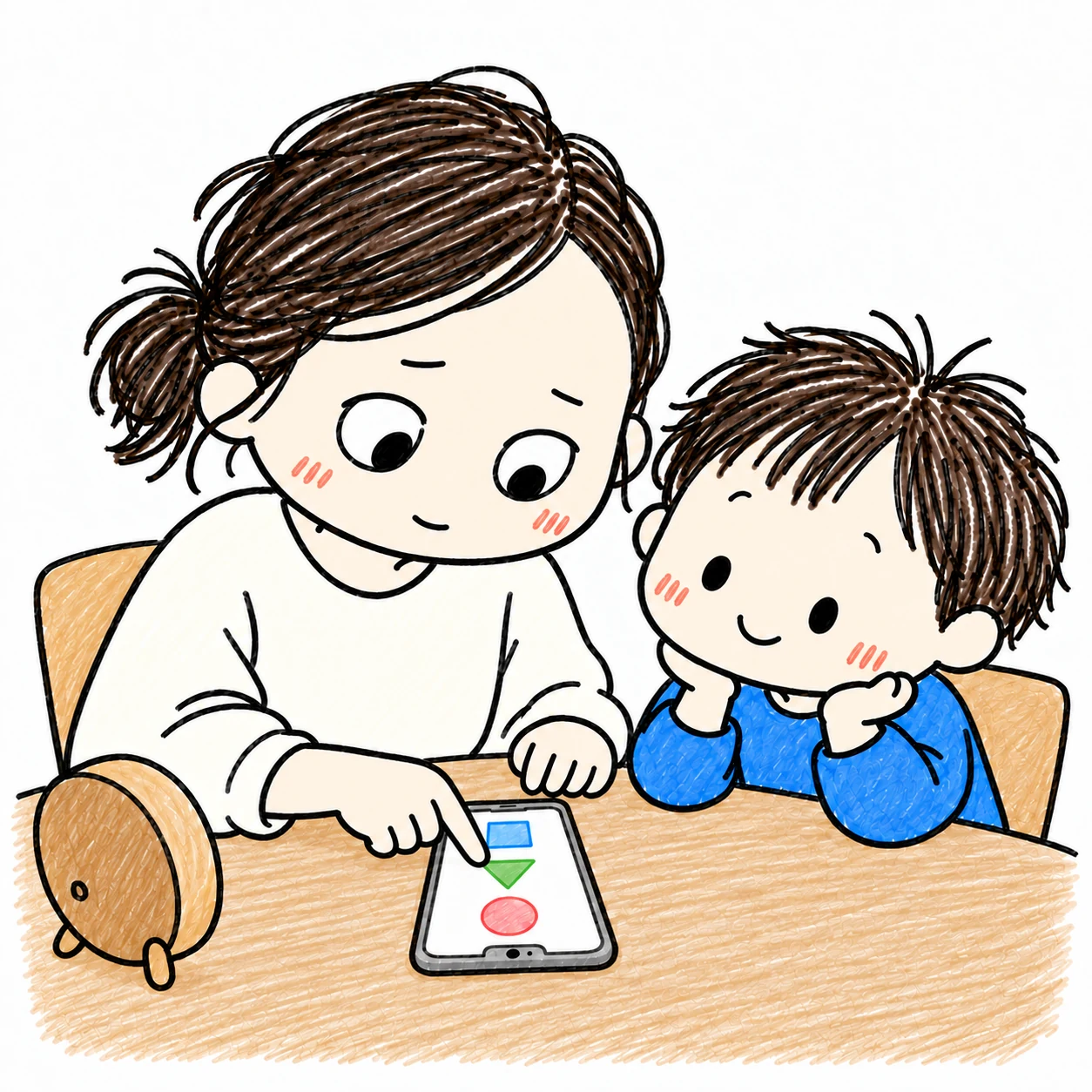 机に画面を上に向けて置いたスマホで使うアプリと区切りを確認する親子