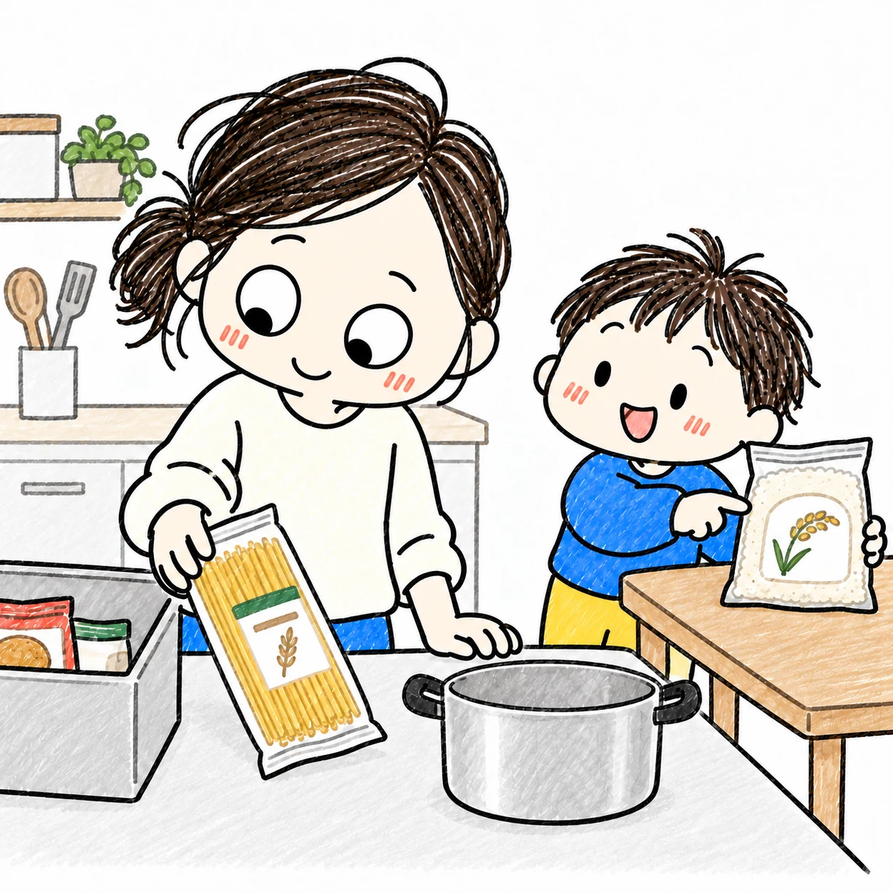 ママが備蓄のパスタを普段の料理に使い、子どもが離れたテーブルでお米を選ぶ手描きイラスト