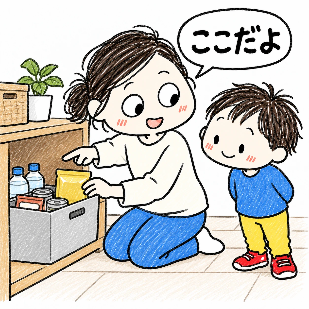 使った分の食品を補充し「ここだよ」と親子で低い棚の置き場所を確認する手描きイラスト