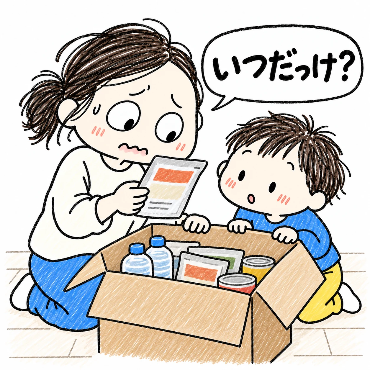 備蓄の食品袋を見て「いつだっけ？」と戸惑うママと箱をのぞく子どもの手描きイラスト